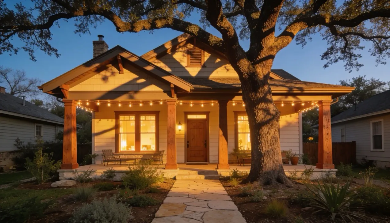 Craftsman bungalow short-term rental in Austin at golden hour
